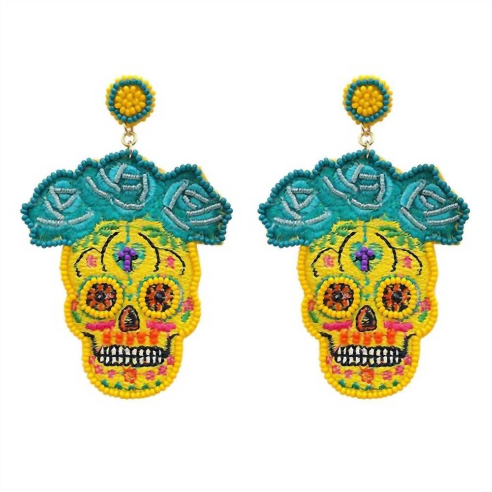 NEW FASHION CITY seed beaded sugar skull earrings in yellow